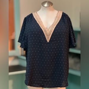 NWOT SHEIN Curve Plus Swiss Dot Contrast Guipure Lace Flutter Sleeve Blouse